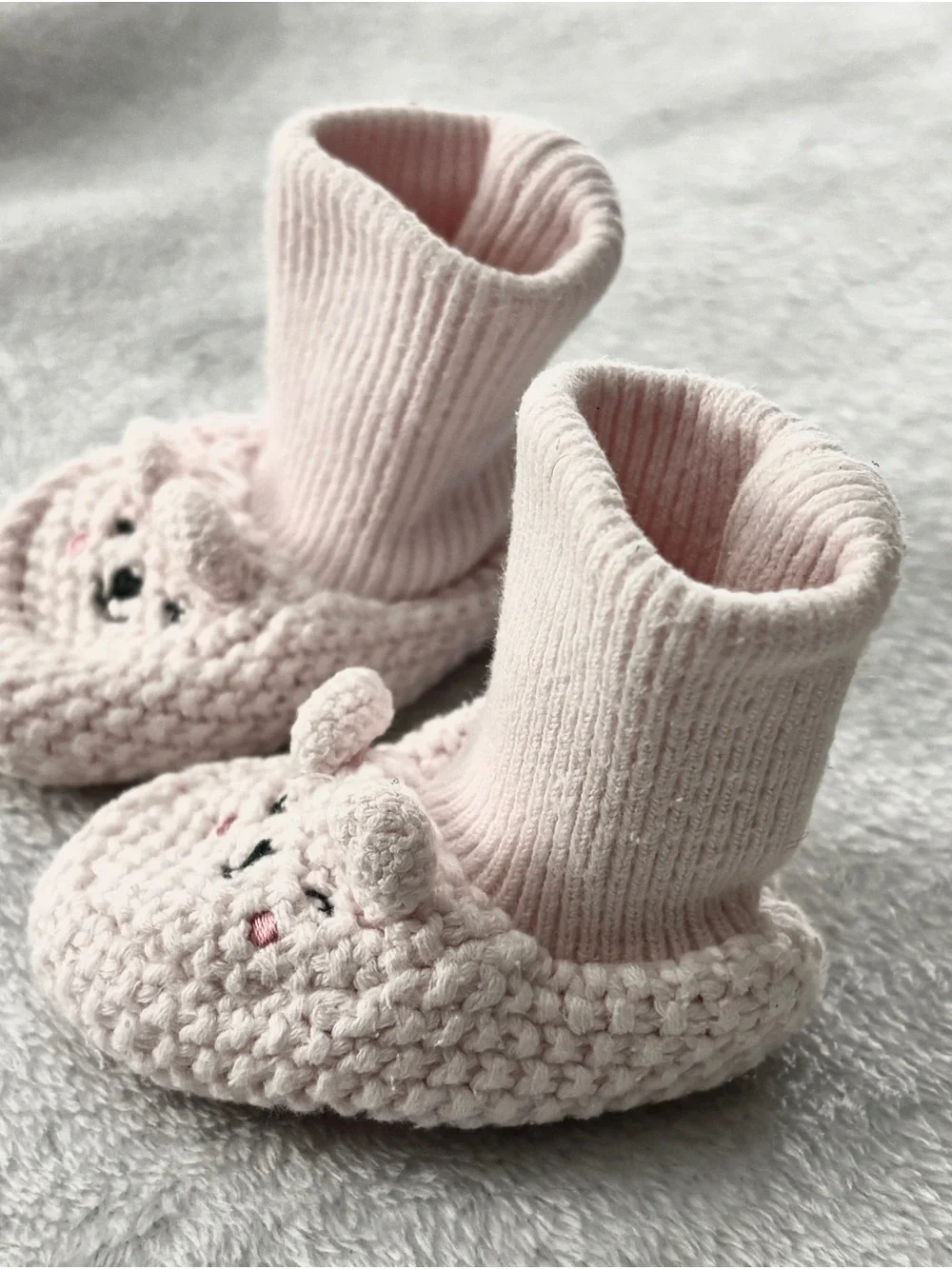 Soft Pink Knit Baby Booties with Cute Bear Face